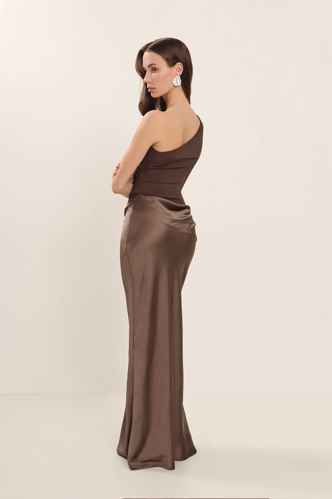 Kaia Satin Contrast Fabric Patchwork One Shoulder Ruched Maxi Dress